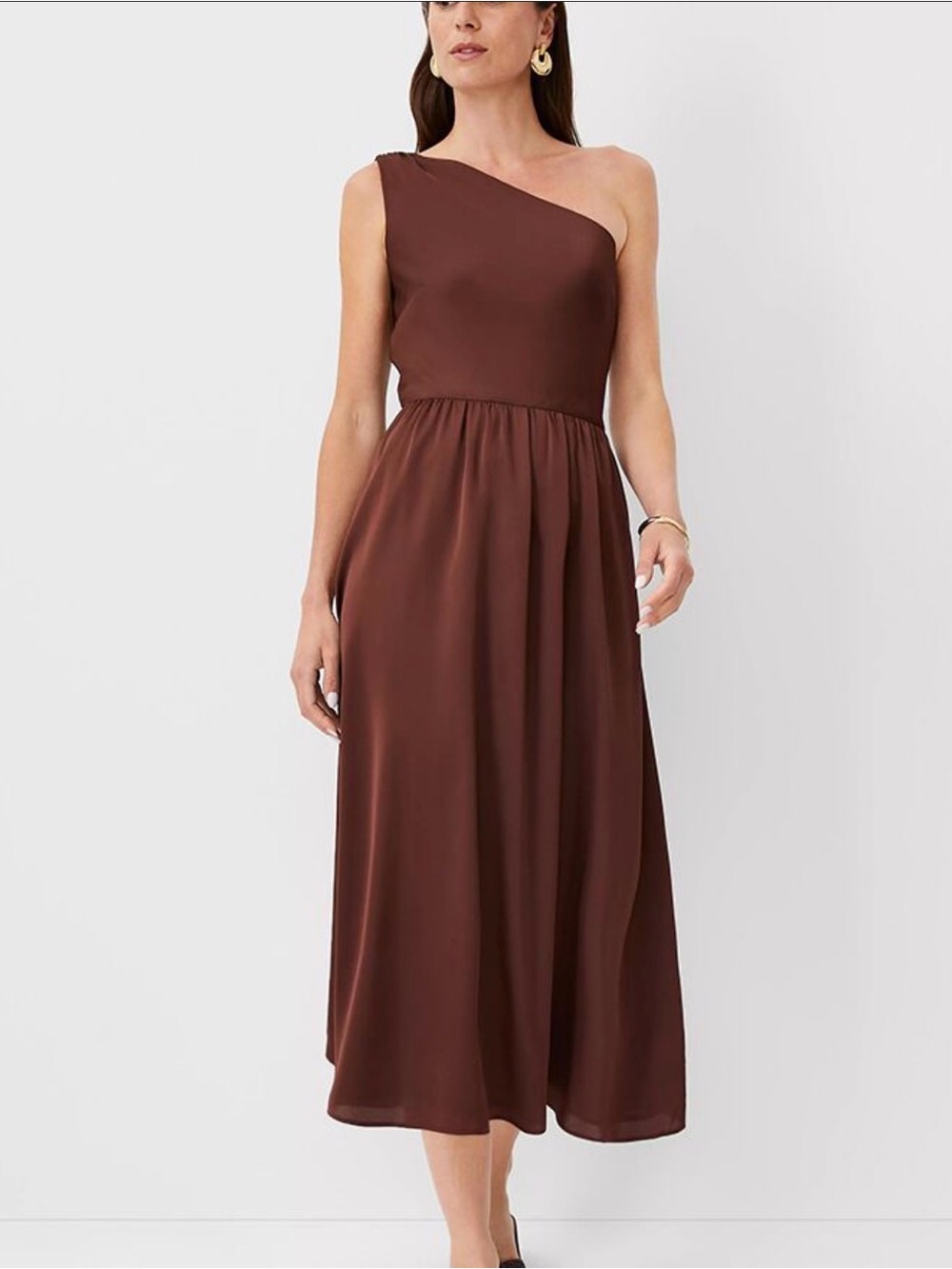 Ann Taylor Women's One-Shoulder Satin Dress in Chocolate